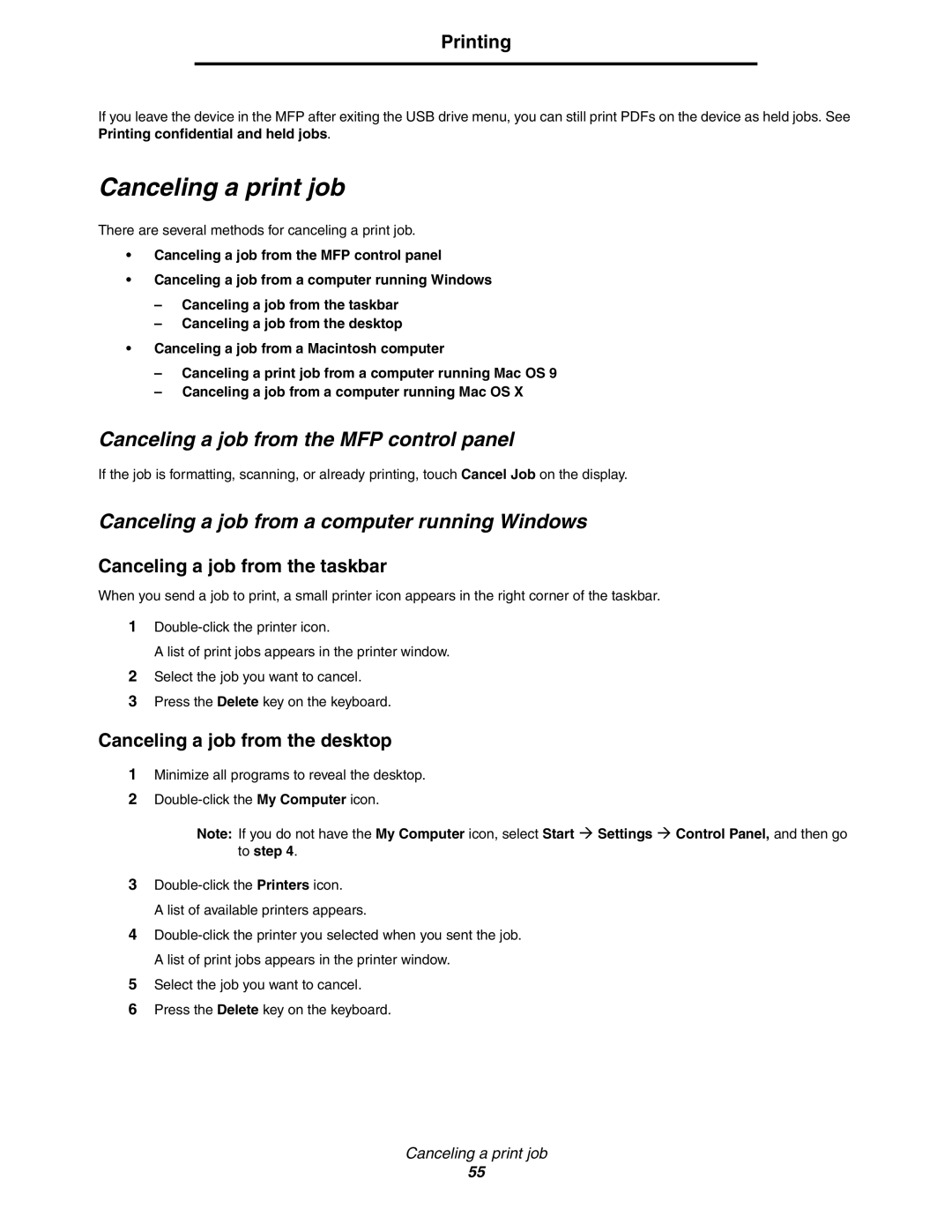 Lexmark X850e, X854e Canceling a print job, Canceling a job from the MFP control panel, Canceling a job from the taskbar 