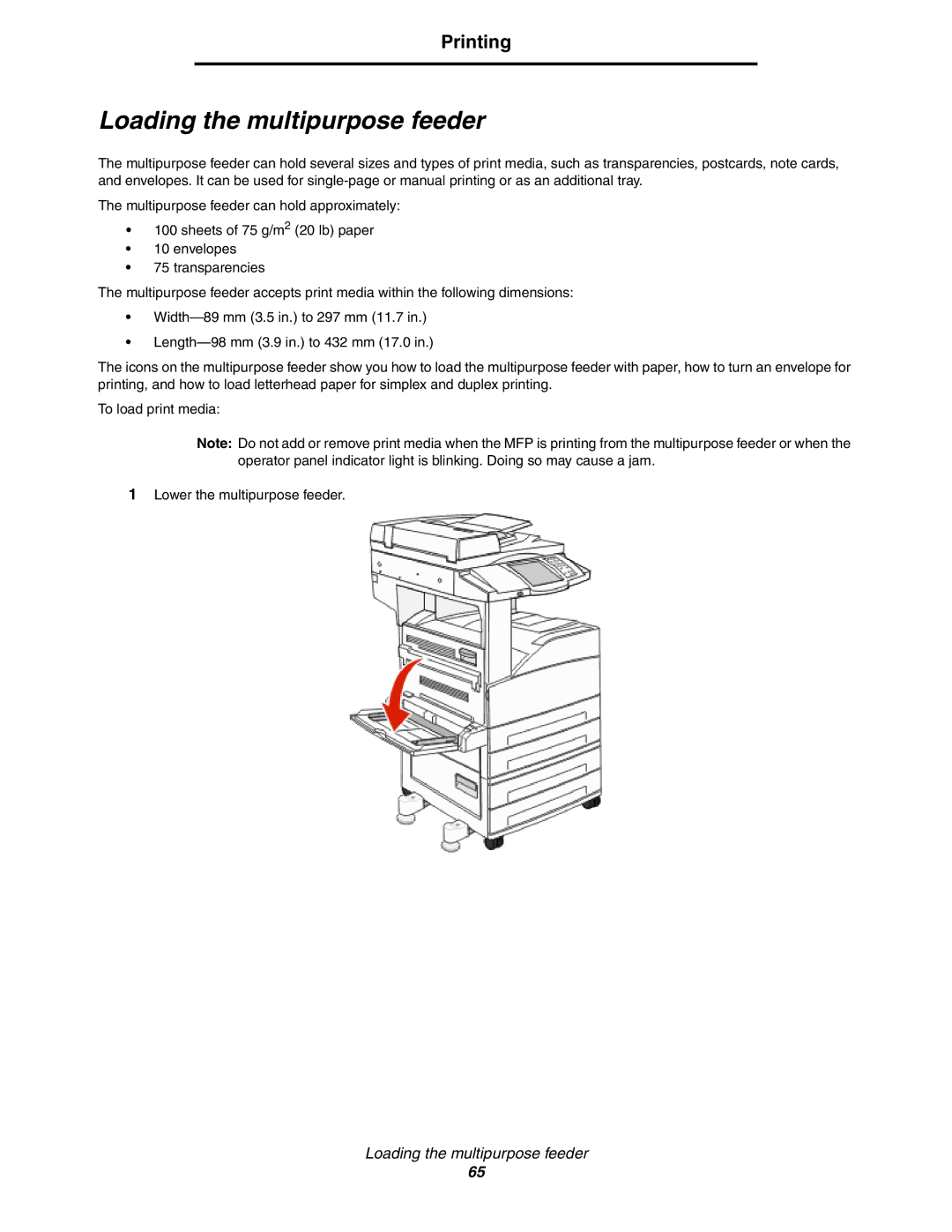 Lexmark X852e, X854e, X850e manual Loading the multipurpose feeder 