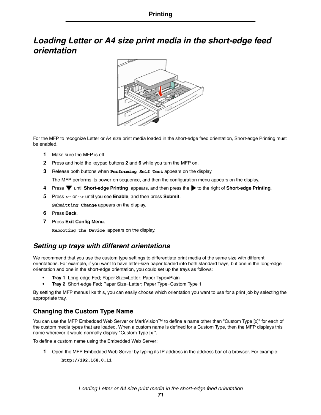 Lexmark X852e, X854e Setting up trays with different orientations, Changing the Custom Type Name, Press Exit Config Menu 