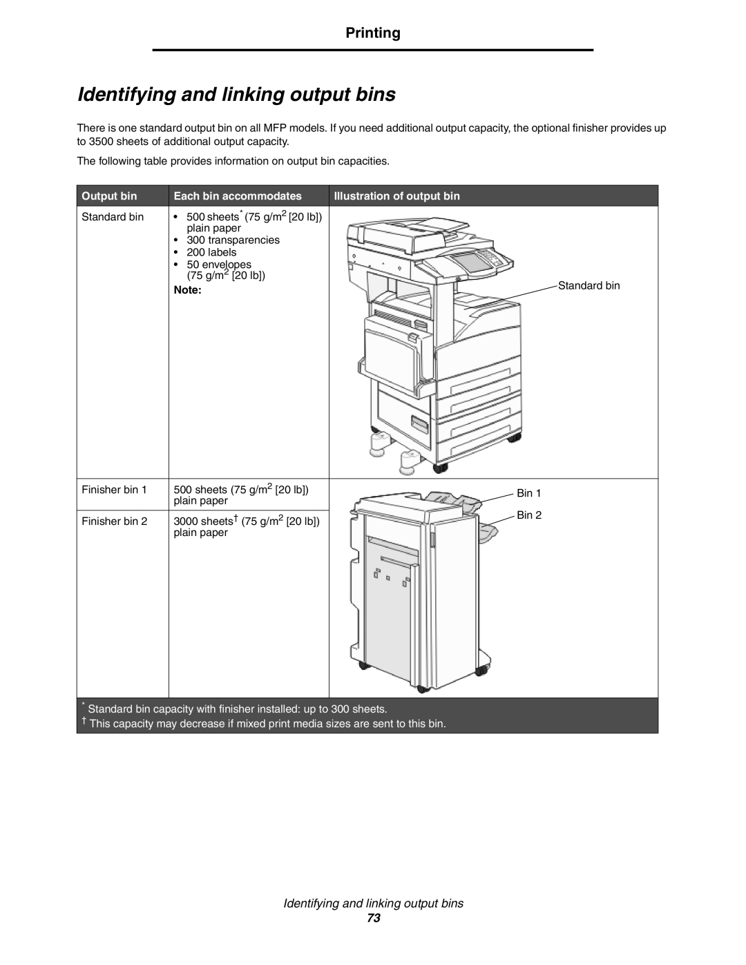 Lexmark X850e, X854e manual Identifying and linking output bins, Output bin Each bin accommodates Illustration of output bin 