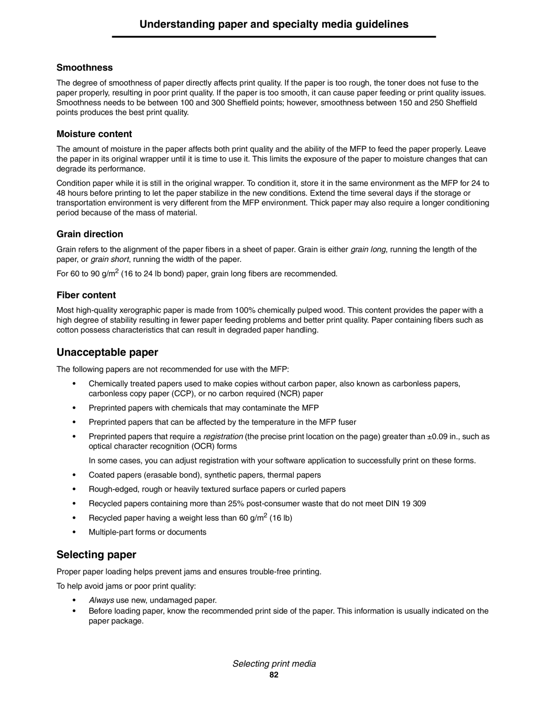 Lexmark X850e, X854e, X852e manual Unacceptable paper, Selecting paper 