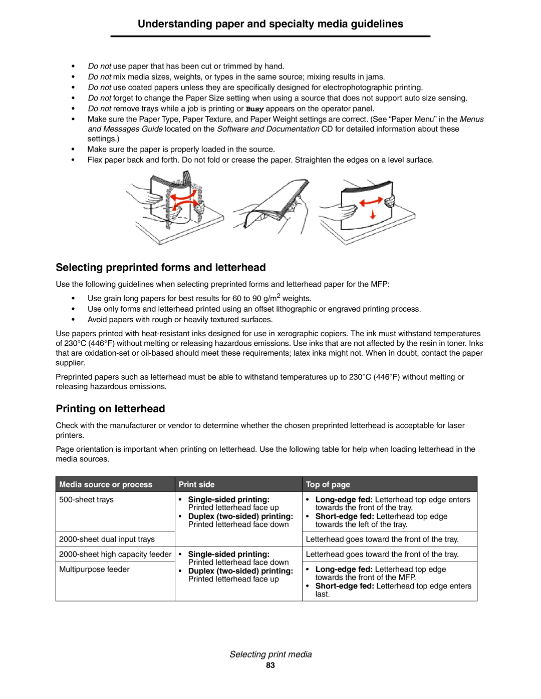 Lexmark X852e Selecting preprinted forms and letterhead, Printing on letterhead, Media source or process Print side Top 