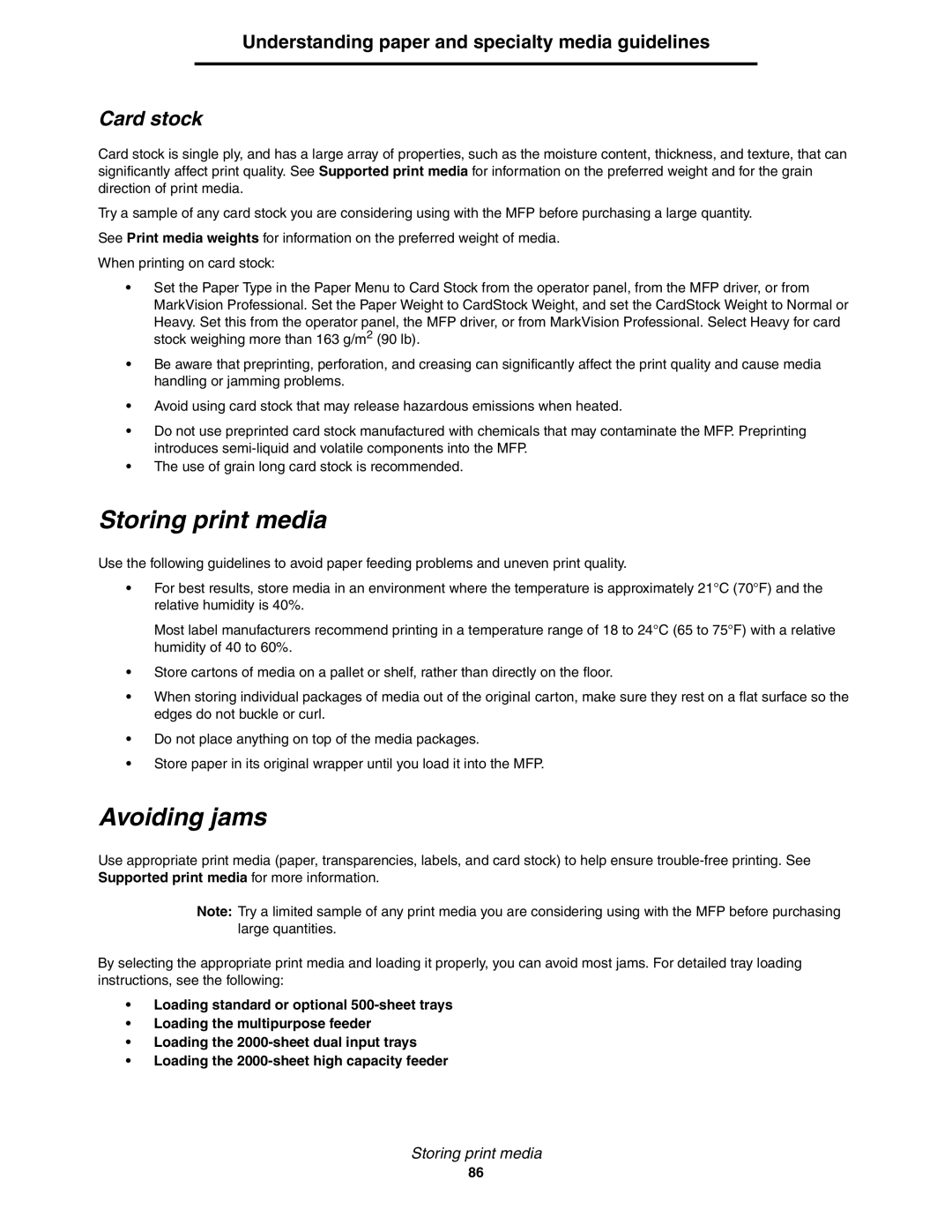 Lexmark X852e, X854e, X850e manual Storing print media, Avoiding jams, Card stock 