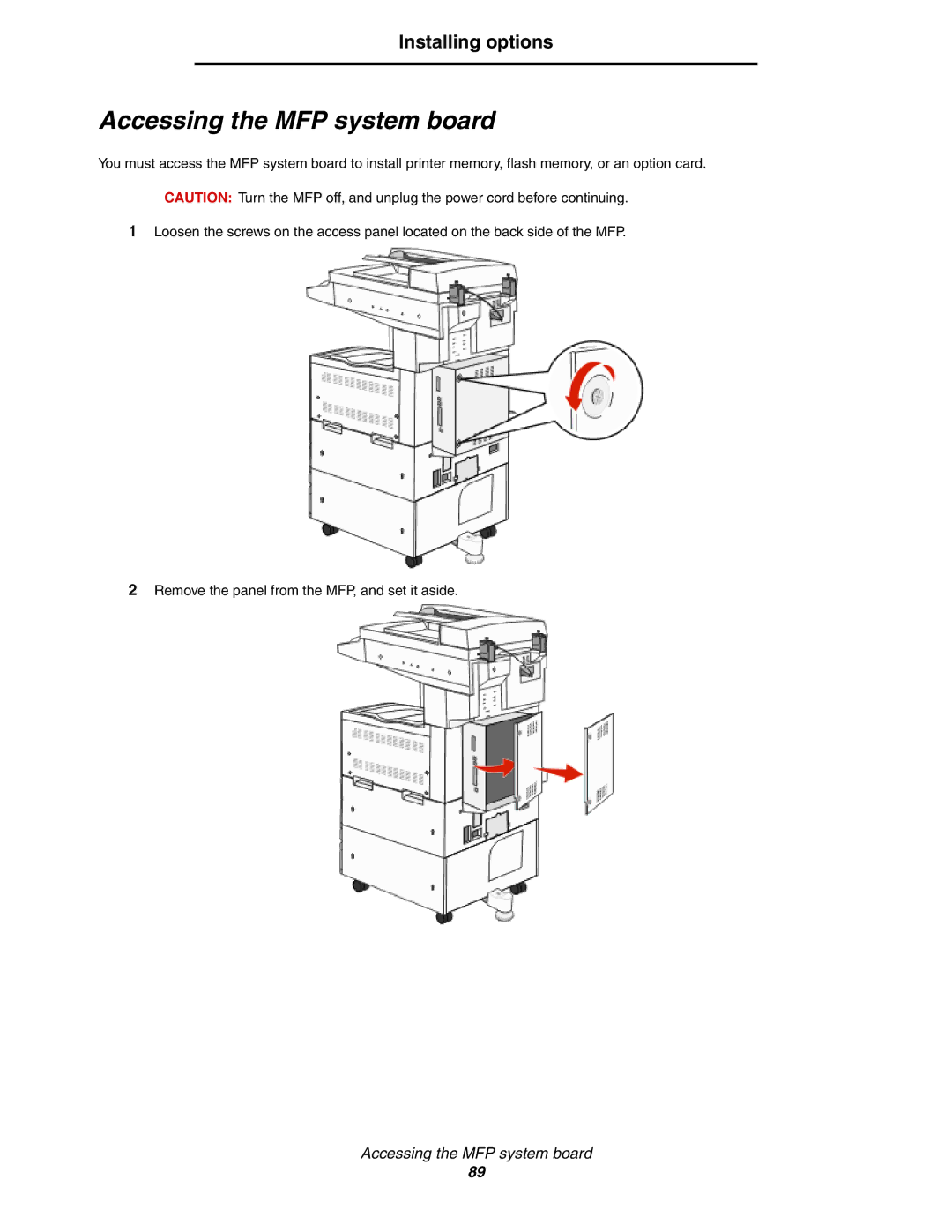 Lexmark X852e, X854e, X850e manual Accessing the MFP system board, Installing options 