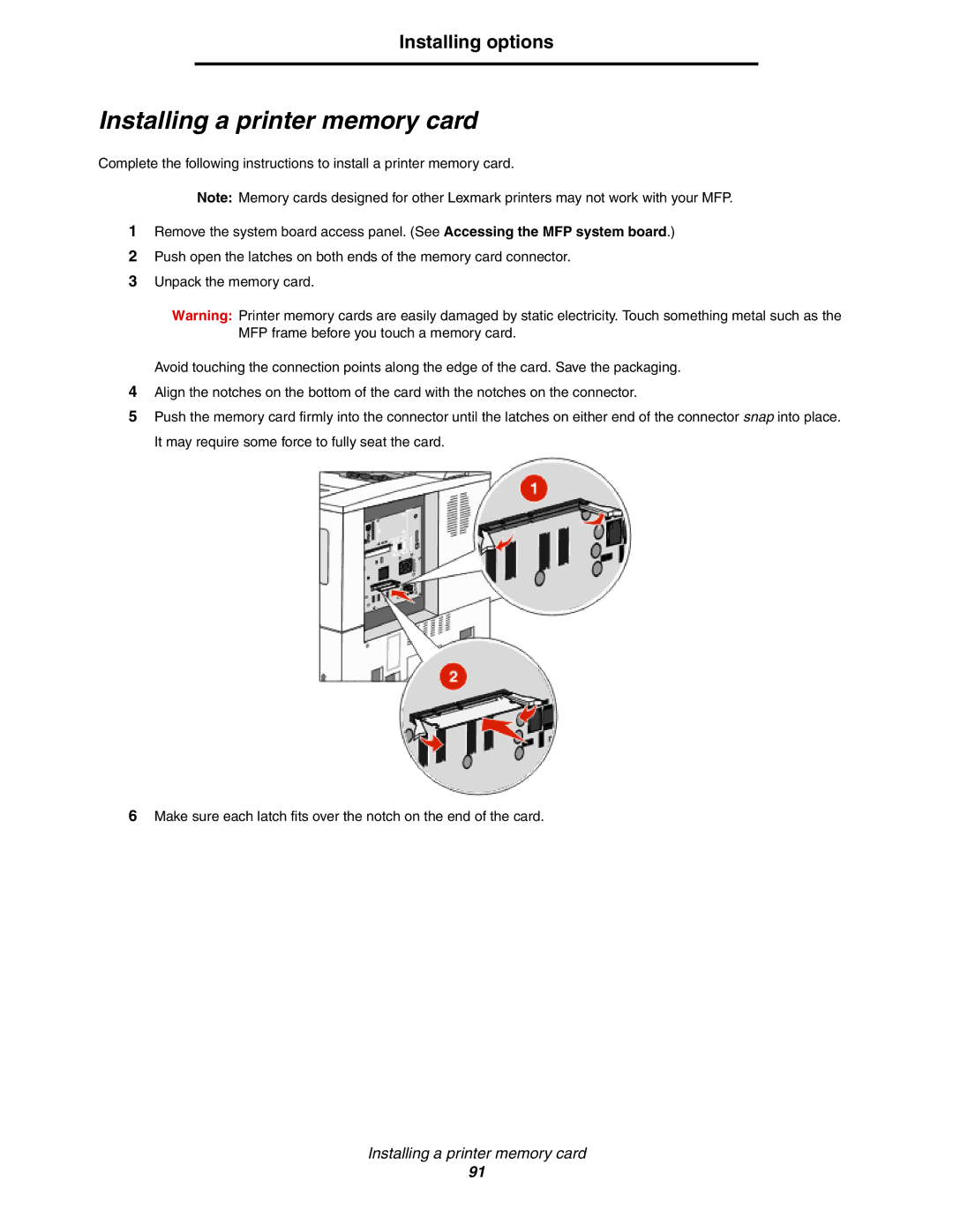 Lexmark X850e, X854e, X852e manual Installing a printer memory card 