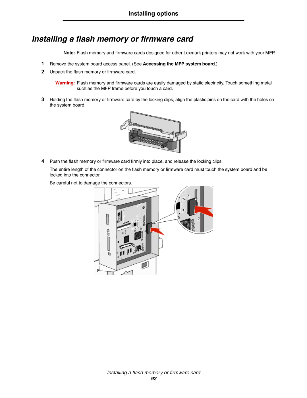 Lexmark X852e, X854e, X850e manual Installing a flash memory or firmware card 