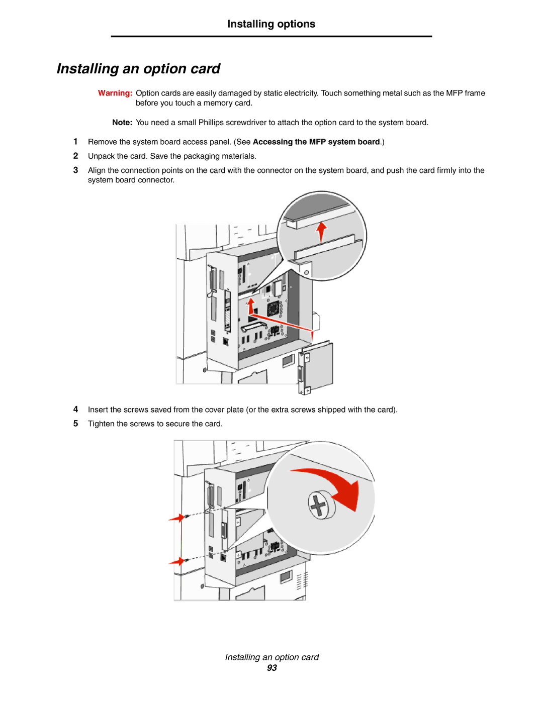 Lexmark X854e, X850e, X852e manual Installing an option card 