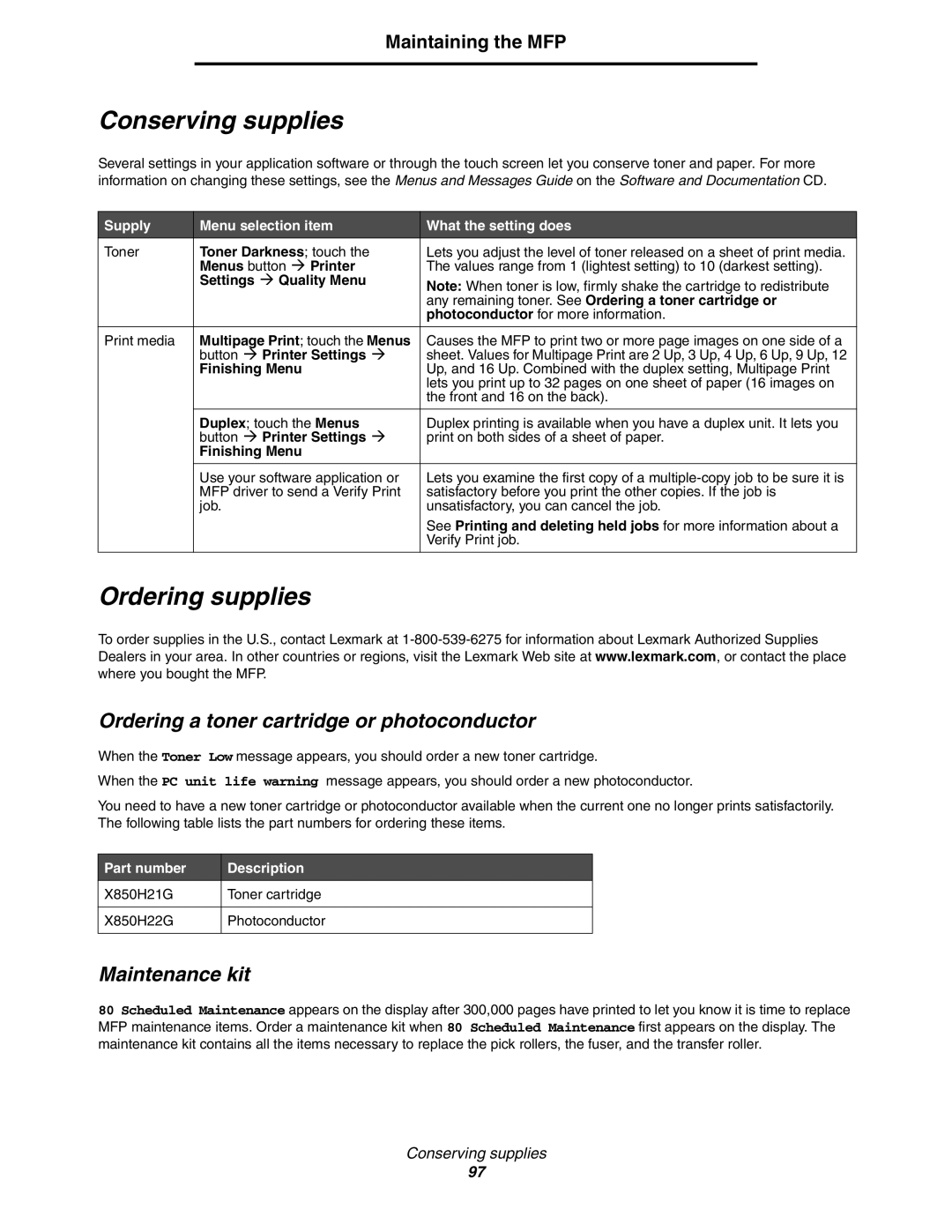 Lexmark X850e, X854e Conserving supplies, Ordering supplies, Ordering a toner cartridge or photoconductor, Maintenance kit 