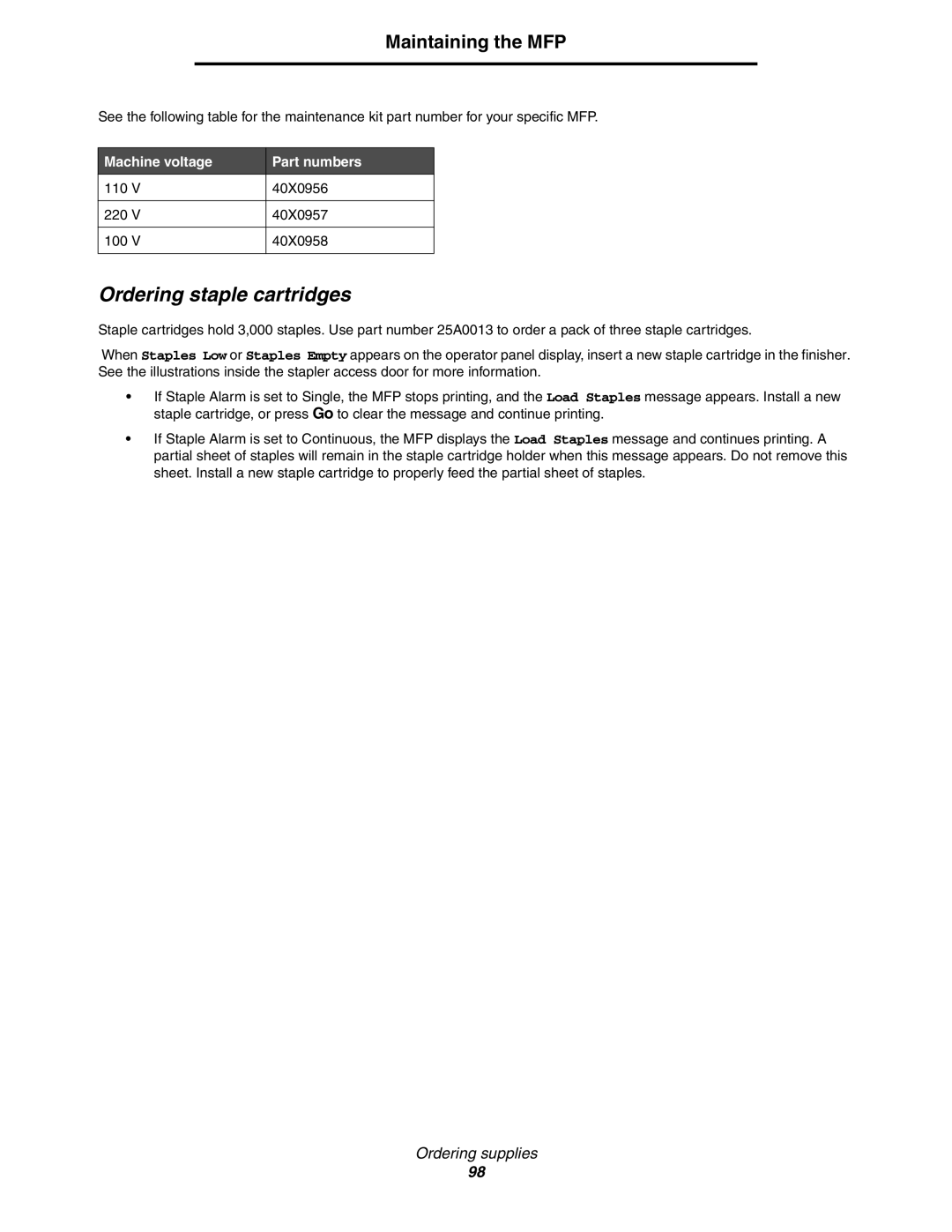 Lexmark X852e, X854e, X850e manual Ordering staple cartridges, Machine voltage Part numbers 