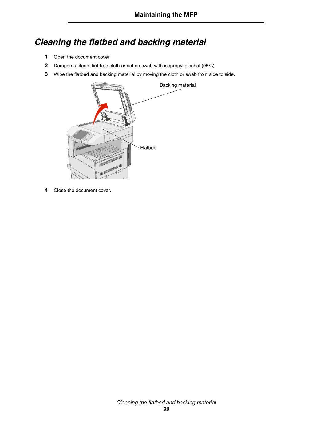 Lexmark X854e, X850e, X852e manual Cleaning the flatbed and backing material 