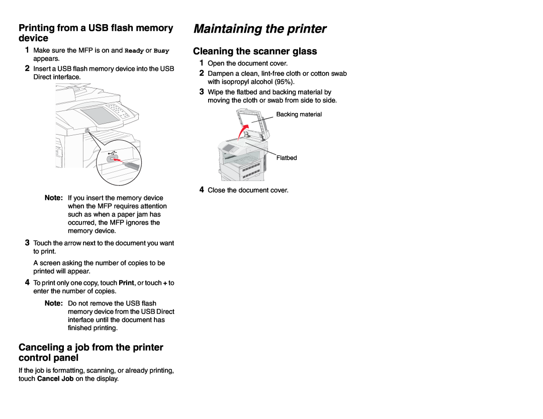 Lexmark X85X manual Maintaining the printer, Printing from a USB flash memory device, Cleaning the scanner glass 