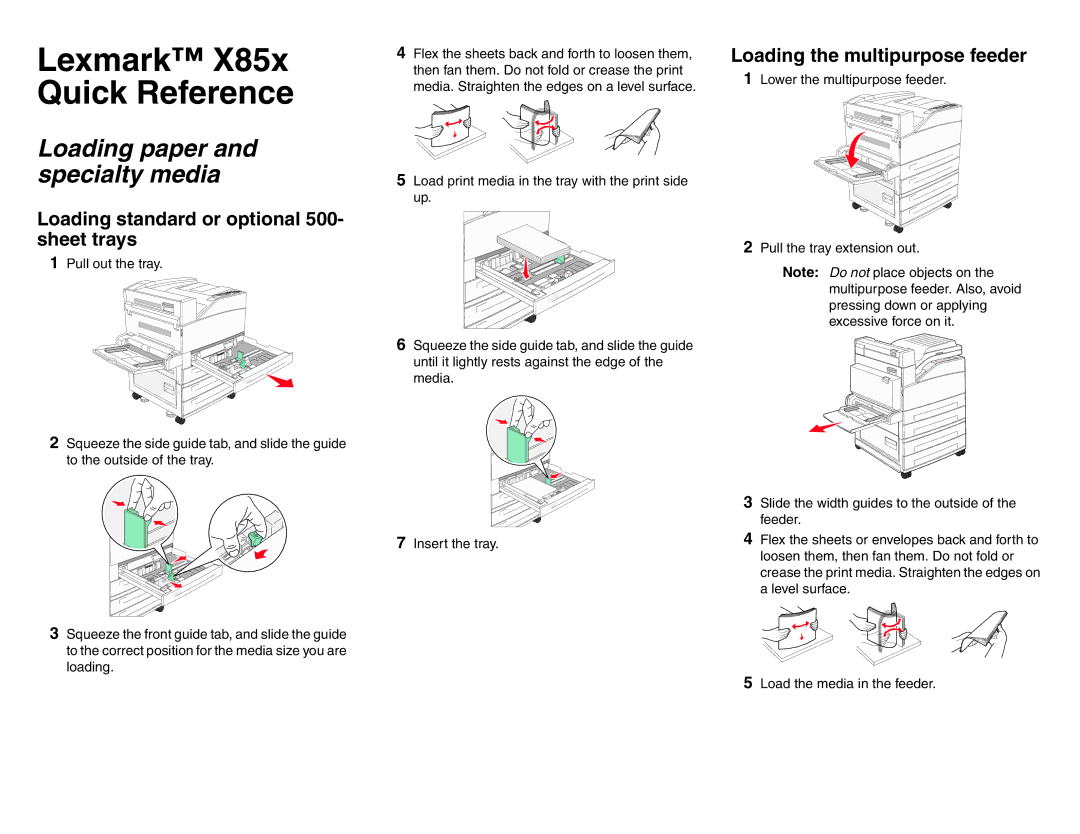 Lexmark X85X manual Loading paper and specialty media, Loading standard or optional 500- sheet trays 