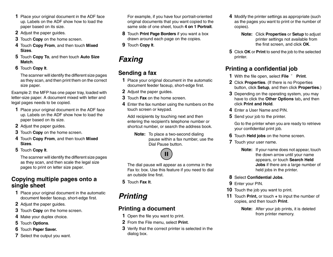 Lexmark X85X manual Faxing, Printing 