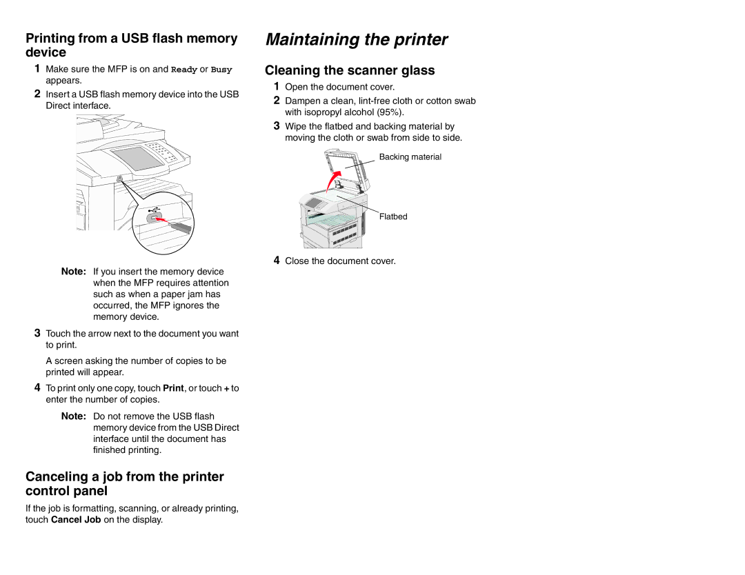 Lexmark X85X manual Maintaining the printer, Printing from a USB flash memory device, Cleaning the scanner glass 