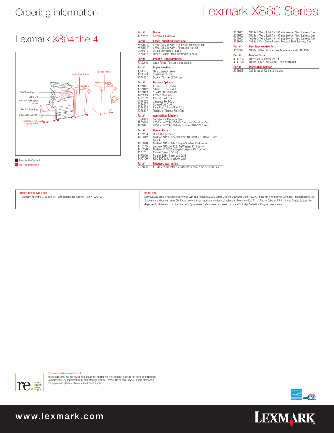 Lexmark X860 manual Lexmark X864dhe, Environmental commitment 