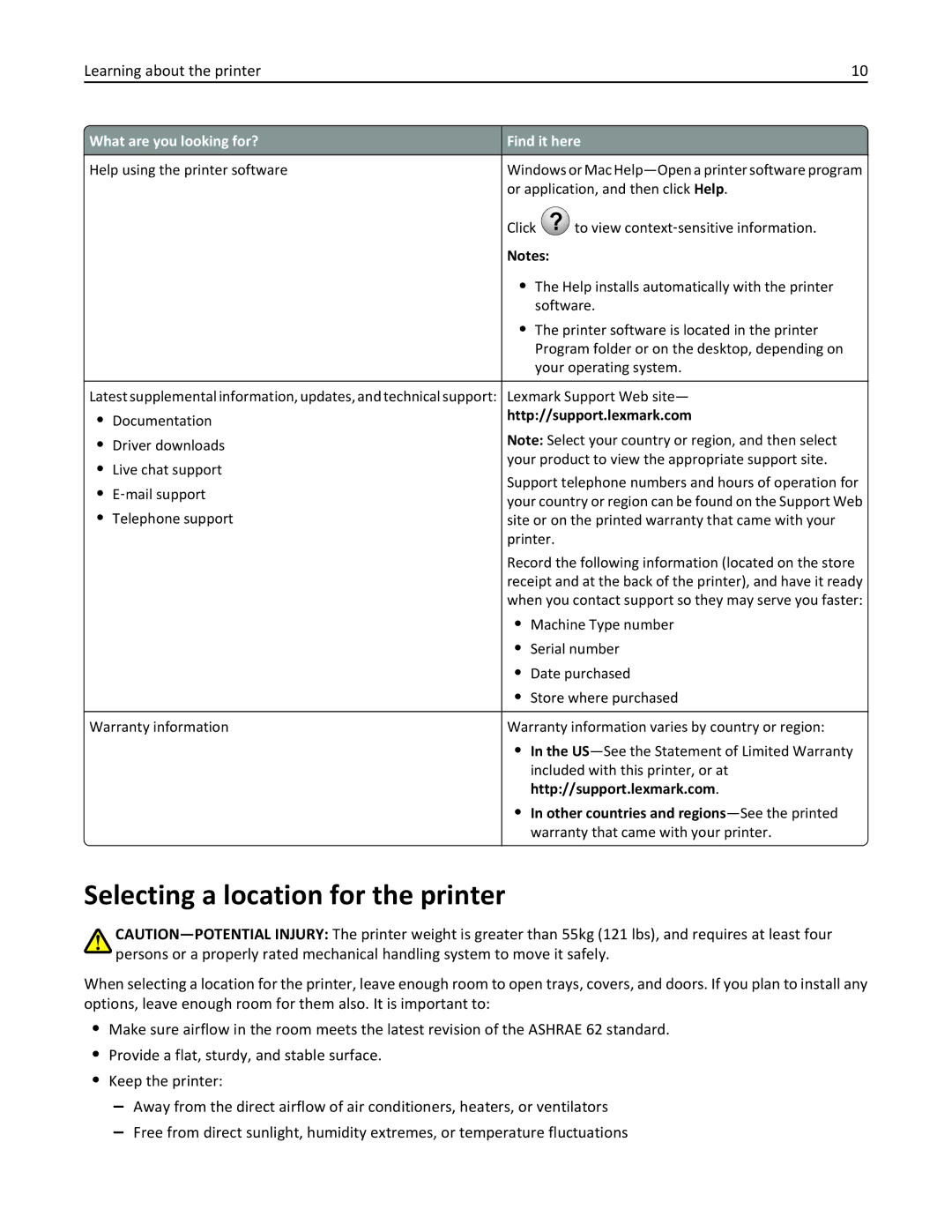 Lexmark 19Z0100, X862DTE, 19Z0201 manual Selecting a location for the printer, Other countries and regions -See the printed 