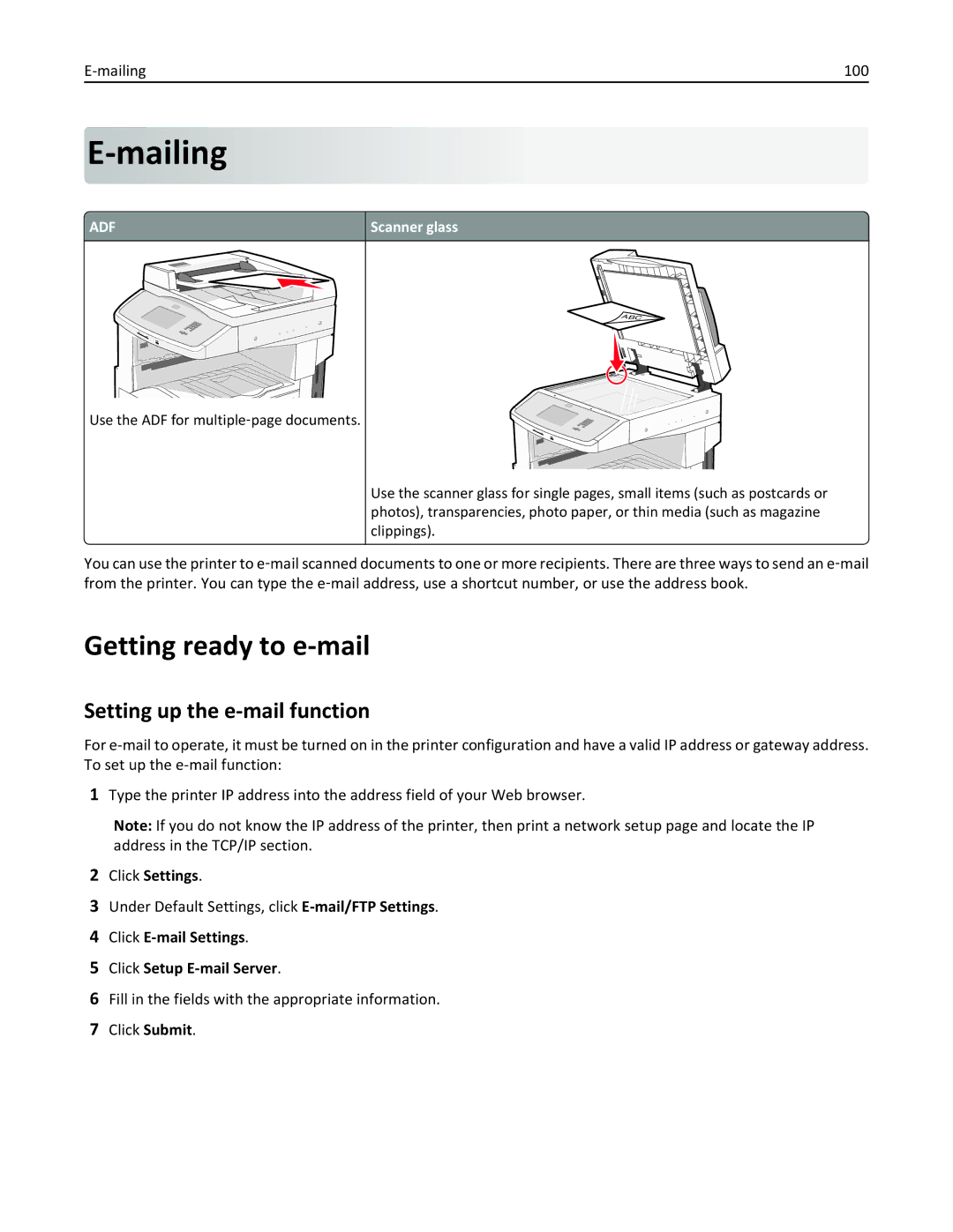 Lexmark 19Z0100, X862DTE, 19Z0201 manual Mailing, Getting ready to e-mail, Setting up the e-mail function, Click Settings 