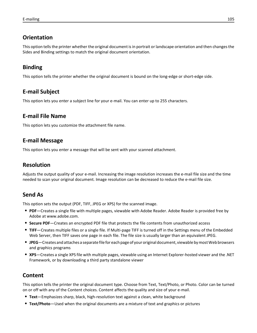 Lexmark X862DTE, 19Z0100, 19Z0201 Orientation, Binding, Mail Subject, Mail File Name, Mail Message, Resolution, Send As 