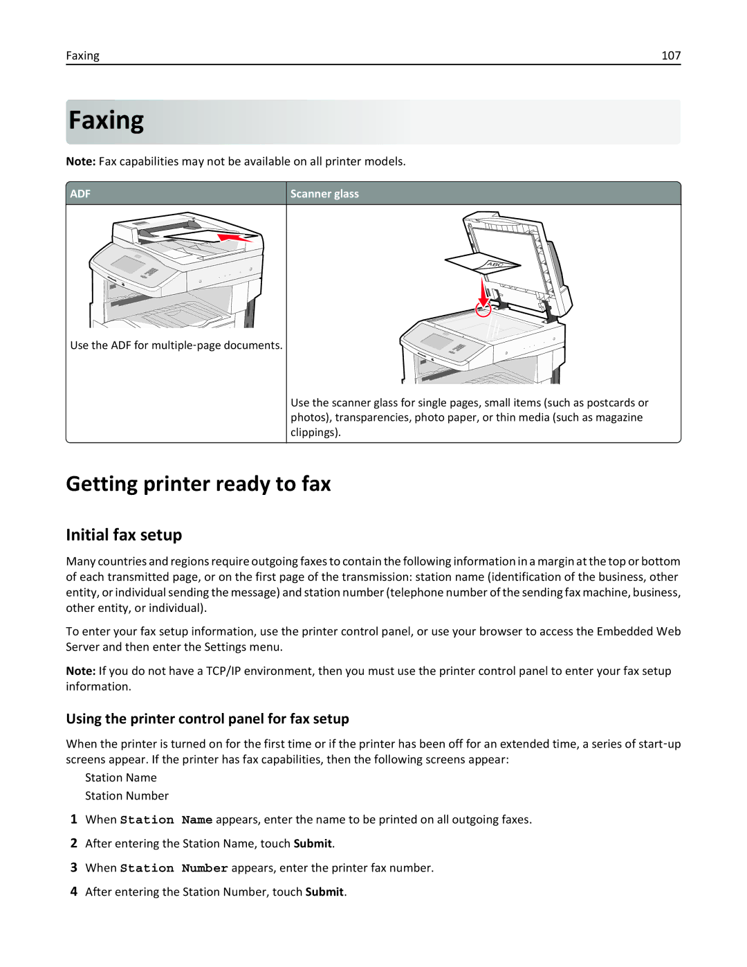 Lexmark 19Z0201 Faxing, Getting printer ready to fax, Initial fax setup, Using the printer control panel for fax setup 