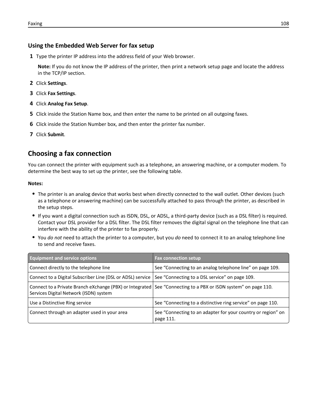 Lexmark X862DTE, 19Z0100, 19Z0201 manual Choosing a fax connection, Using the Embedded Web Server for fax setup, Faxing 108 