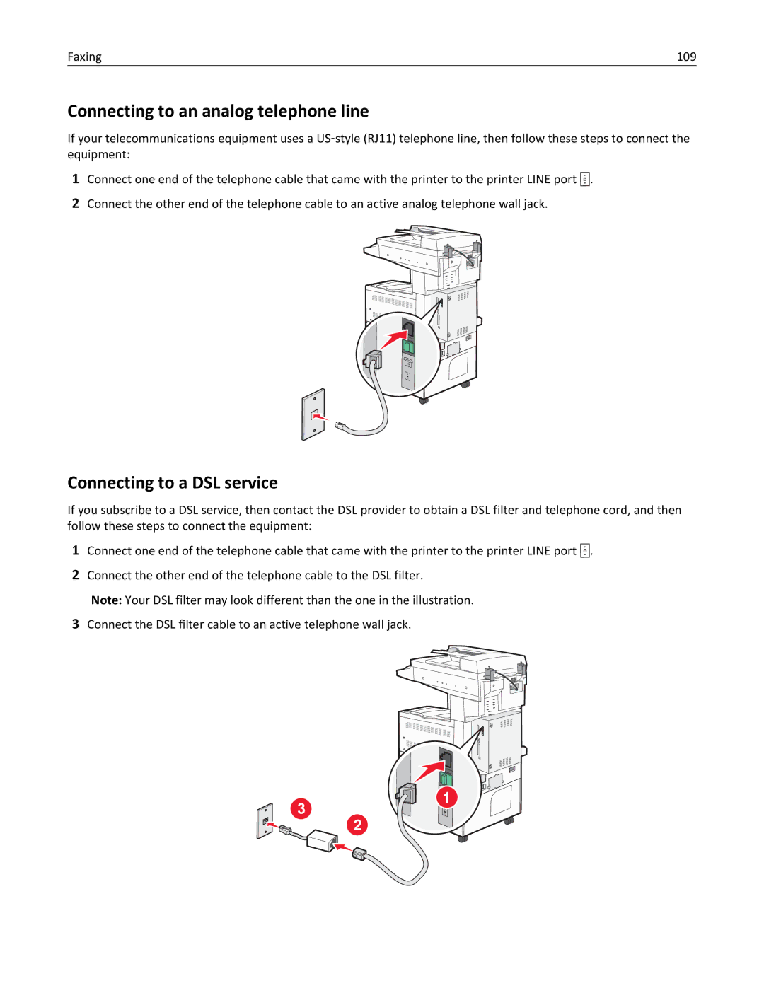 Lexmark 19Z0100, X862DTE, 19Z0201 manual Connecting to an analog telephone line, Connecting to a DSL service, Faxing 109 