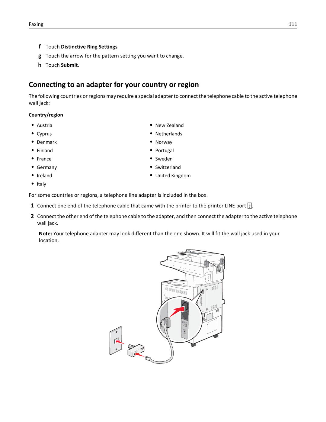 Lexmark X862DTE, 19Z0100 Connecting to an adapter for your country or region, Faxing 111, Touch Distinctive Ring Settings 