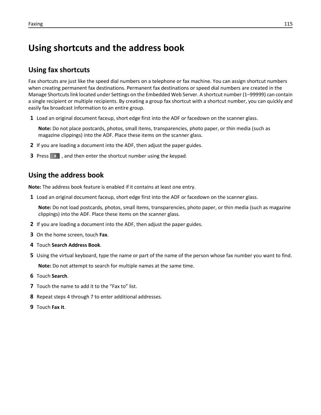 Lexmark 19Z0100, X862DTE Using shortcuts and the address book, Using fax shortcuts, Using the address book, Faxing 115 