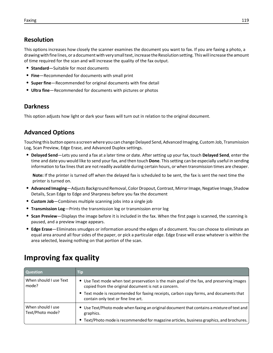 Lexmark 19Z0201, X862DTE, 19Z0100 manual Improving fax quality, Faxing 119 