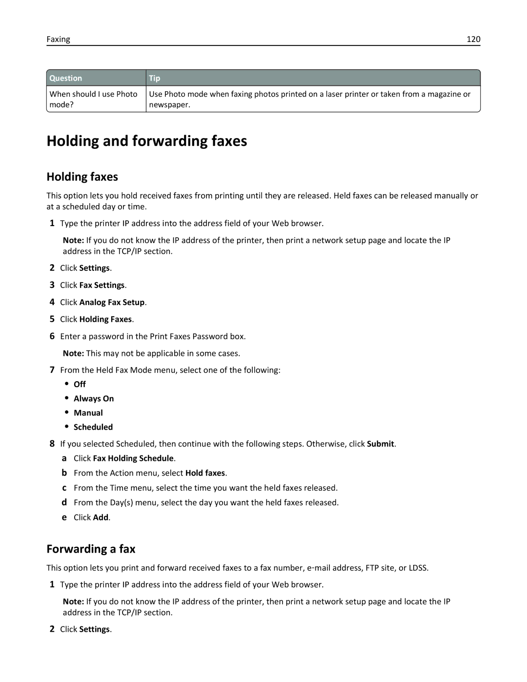 Lexmark X862DTE Holding and forwarding faxes, Holding faxes, Forwarding a fax, Faxing 120, Off Always On Manual Scheduled 