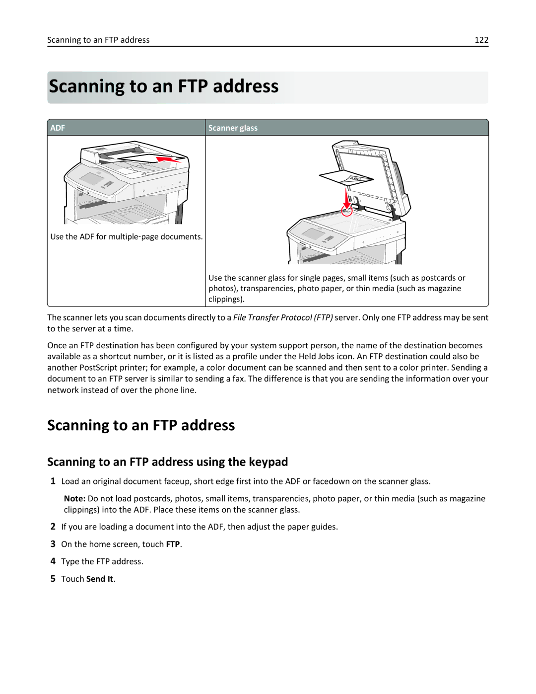 Lexmark 19Z0201, X862DTE, 19Z0100 manual Scanning to an FTP address using the keypad, Scanning to an FTP address 122 