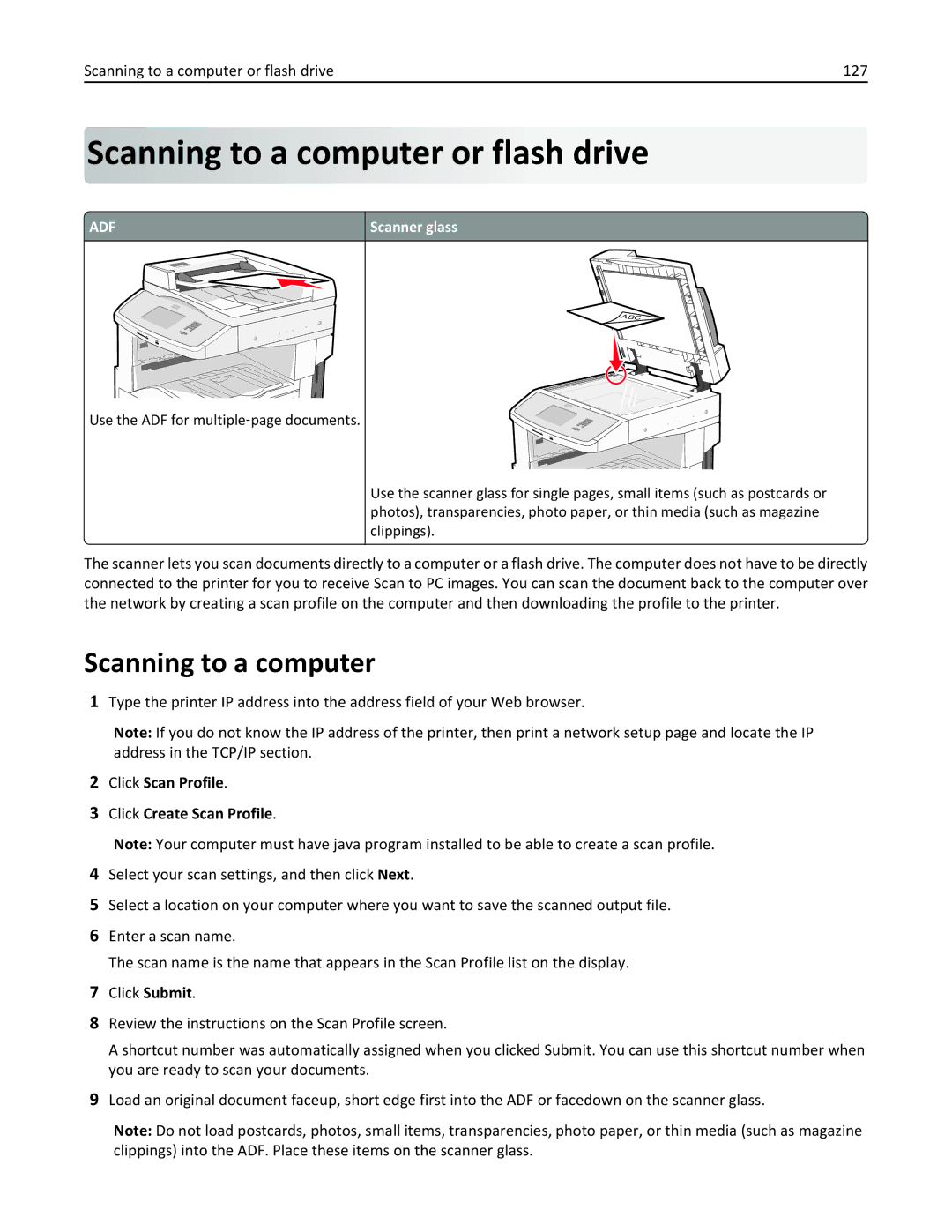 Lexmark 19Z0100, X862DTE manual Scanning to a computer or flash drive 127, Click Scan Profile Click Create Scan Profile 