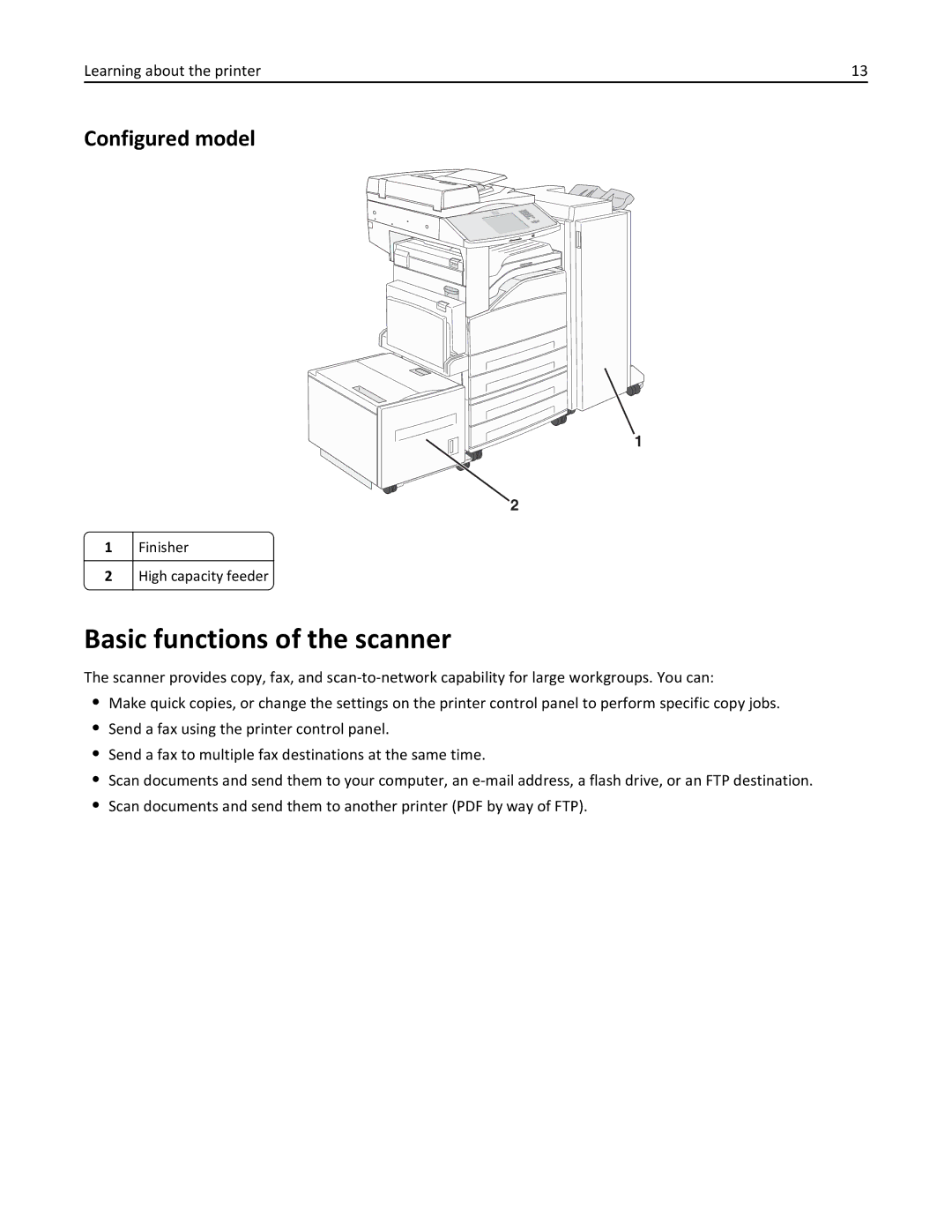 Lexmark 19Z0100, X862DTE, 19Z0201 manual Basic functions of the scanner, Configured model, Finisher, High capacity feeder 