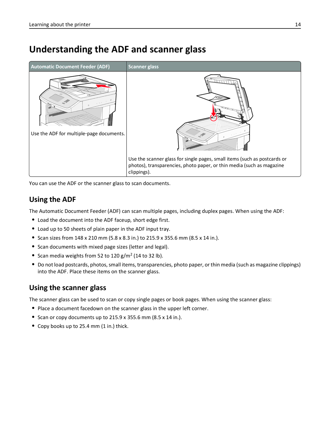 Lexmark 19Z0201, X862DTE, 19Z0100 manual Understanding the ADF and scanner glass, Using the ADF, Using the scanner glass 