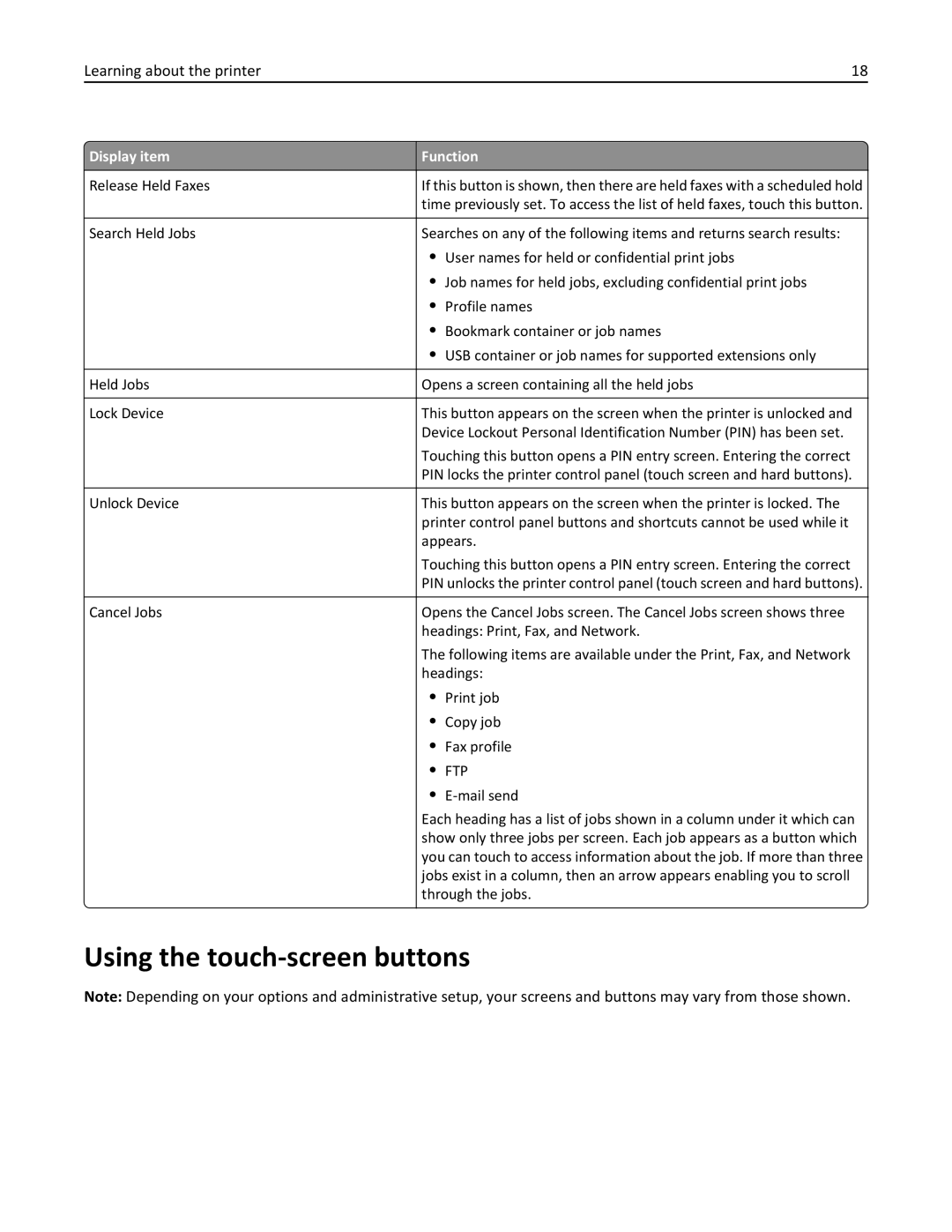 Lexmark X862DTE, 19Z0100, 19Z0201 manual Using the touch-screen buttons, Display item Function 