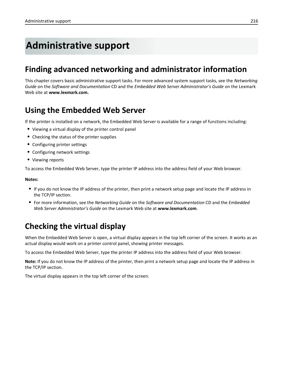 Lexmark X862DTE, 19Z0100, 19Z0201 manual Checking the virtual display, Administrative support 216 