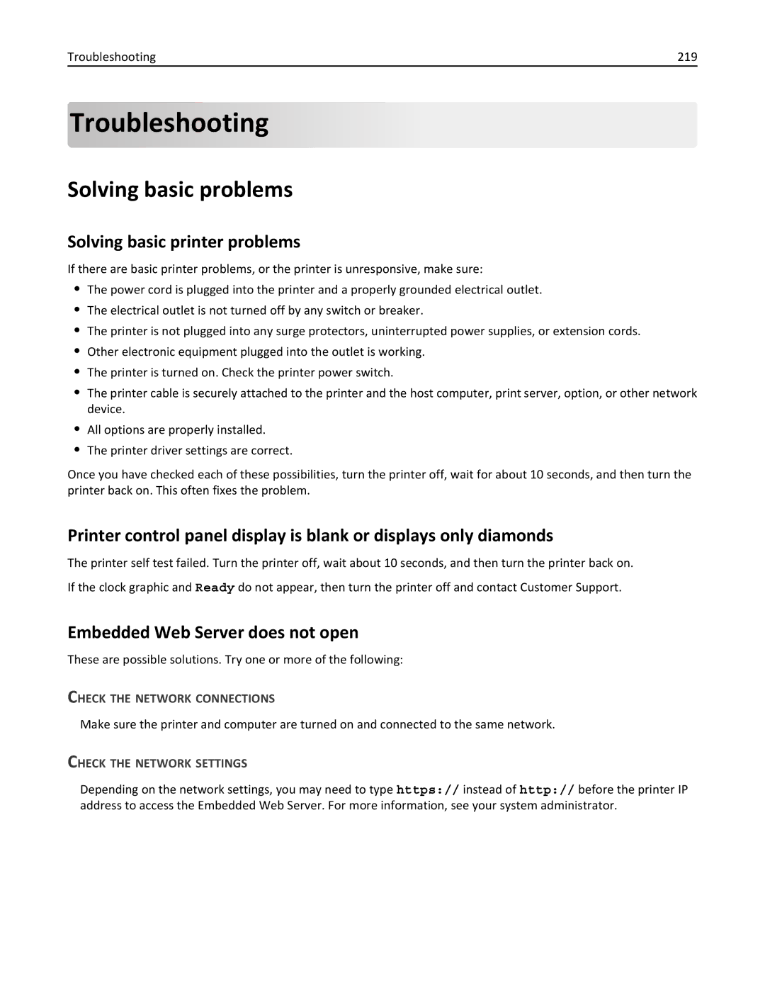 Lexmark X862DTE Troubleshooting, Solving basic problems, Solving basic printer problems, Embedded Web Server does not open 