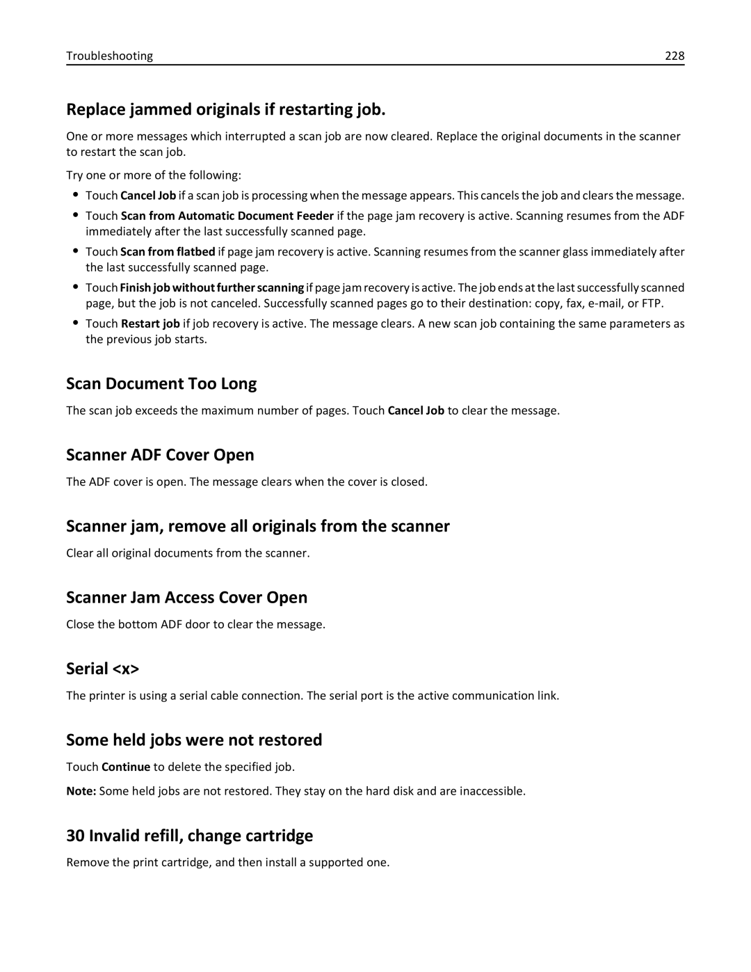 Lexmark X862DTE manual Replace jammed originals if restarting job, Scan Document Too Long, Scanner ADF Cover Open, Serial 