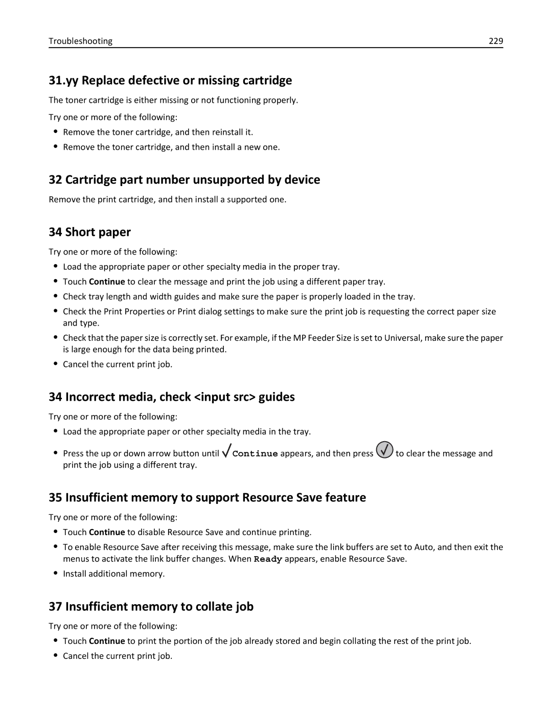 Lexmark 19Z0100 manual Yy Replace defective or missing cartridge, Cartridge part number unsupported by device, Short paper 