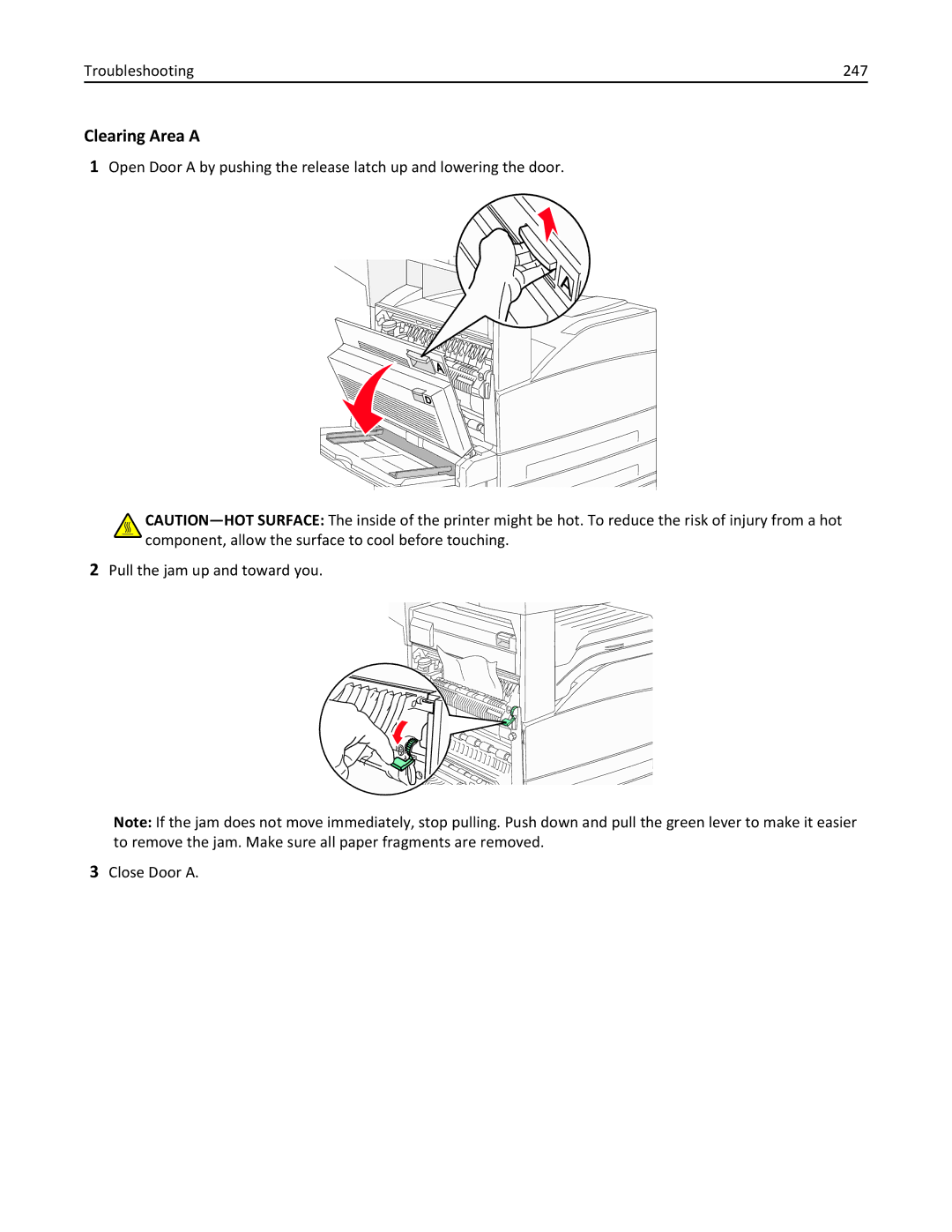 Lexmark 19Z0100, X862DTE, 19Z0201 manual Clearing Area a, Troubleshooting 247 