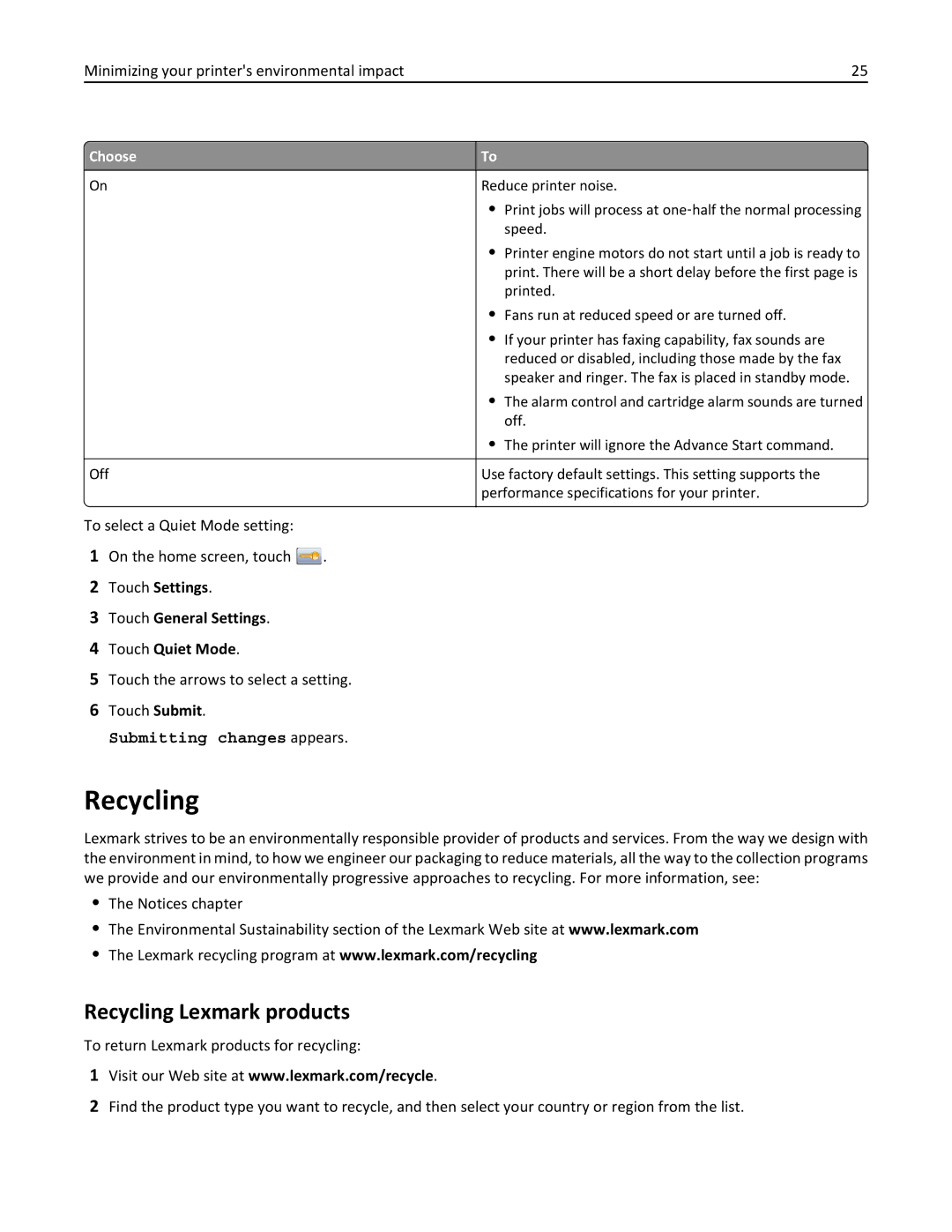 Lexmark 19Z0100, X862DTE, 19Z0201 Recycling Lexmark products, To select a Quiet Mode setting On the home screen, touch 