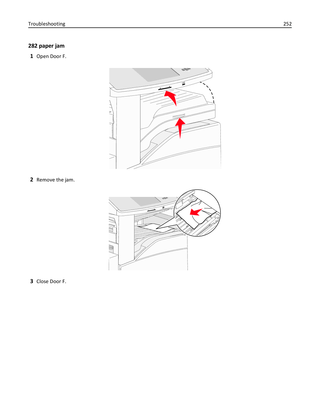 Lexmark X862DTE, 19Z0100, 19Z0201 manual Troubleshooting 252, Open Door F Remove the jam Close Door F 