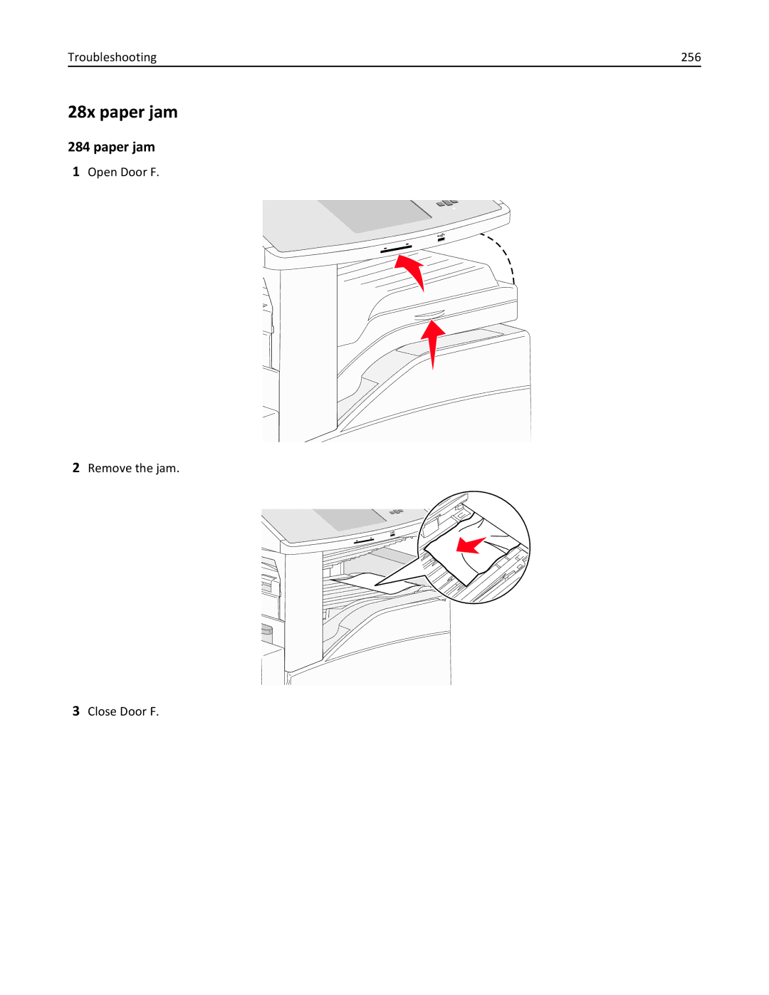Lexmark 19Z0100, X862DTE, 19Z0201 manual 28x paper jam, Troubleshooting 256 