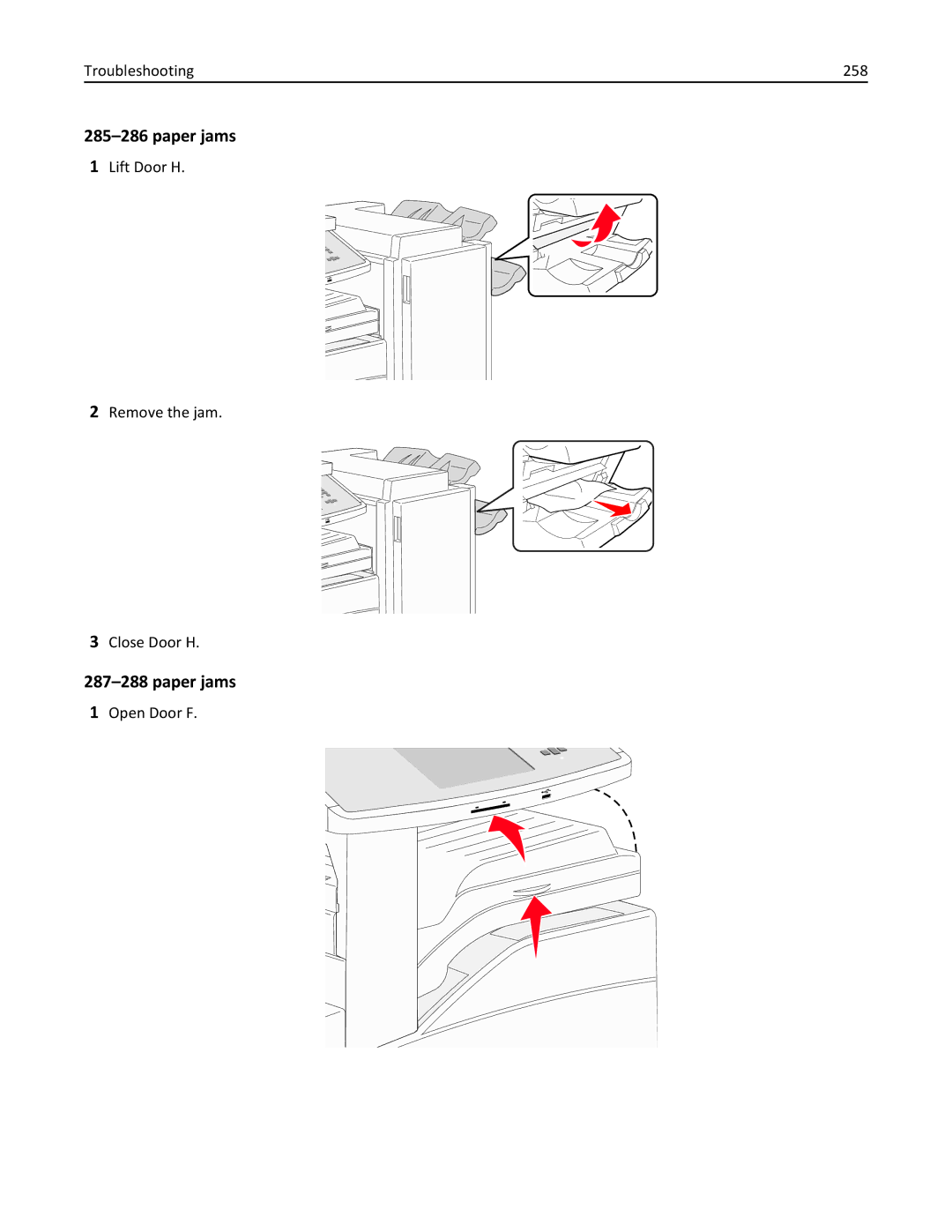 Lexmark X862DTE, 19Z0100, 19Z0201 manual Paper jams, Troubleshooting 258 