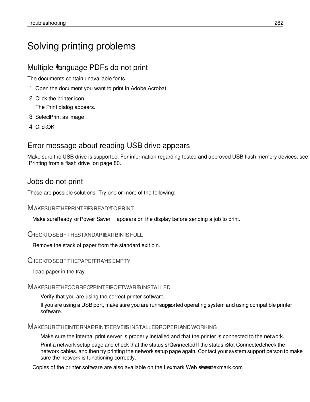 Lexmark 19Z0100, X862DTE manual Solving printing problems, Error message about reading USB drive appears, Jobs do not print 