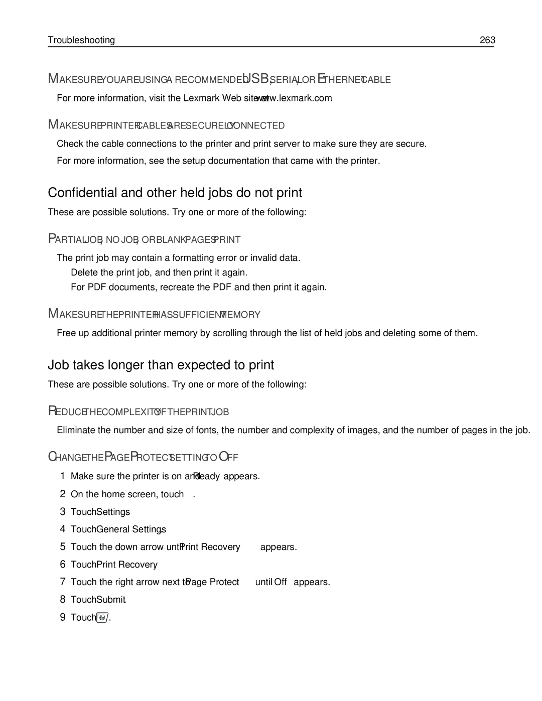 Lexmark 19Z0201, X862DTE, 19Z0100 Confidential and other held jobs do not print, Job takes longer than expected to print 