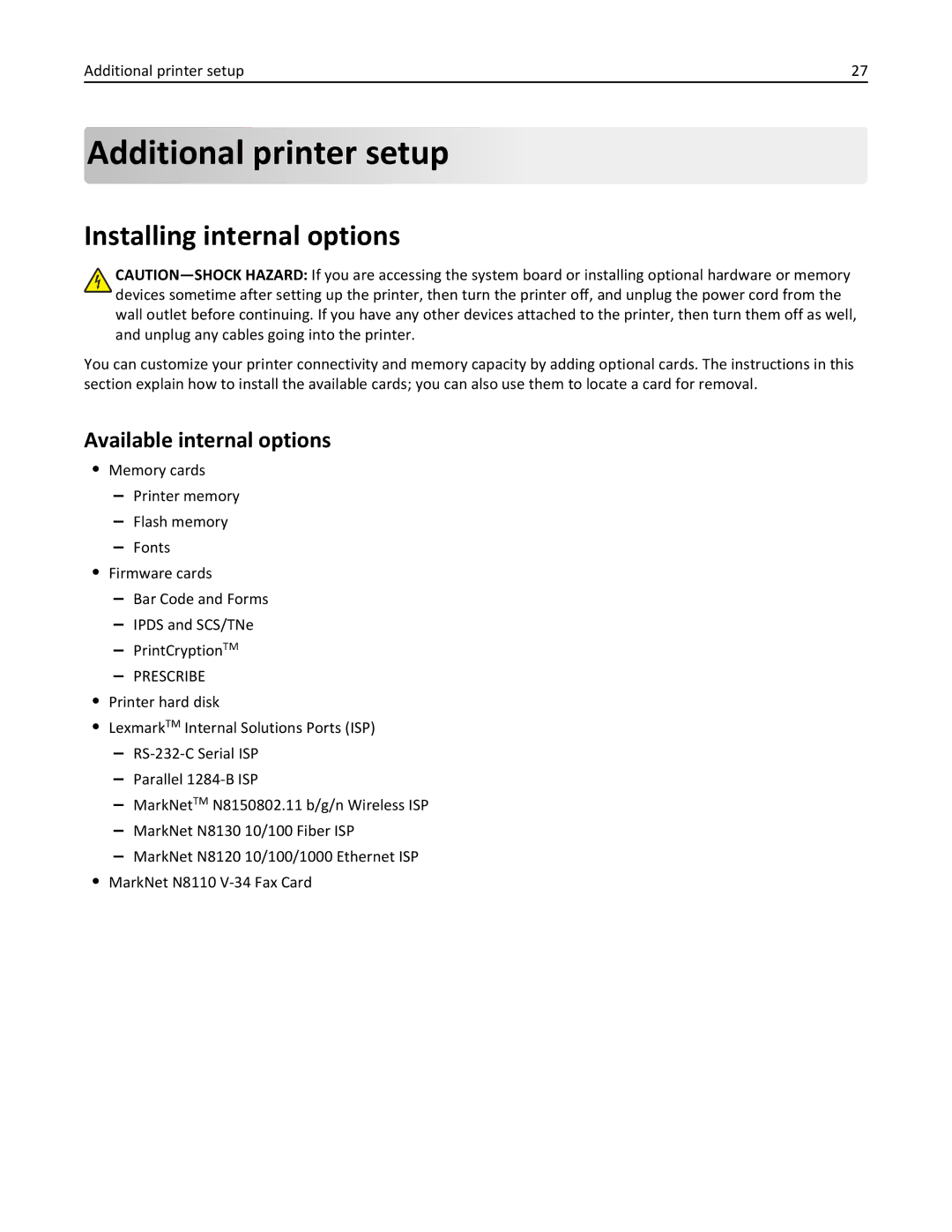 Lexmark X862DTE, 19Z0100, 19Z0201 manual Additional printer setup, Installing internal options, Available internal options 