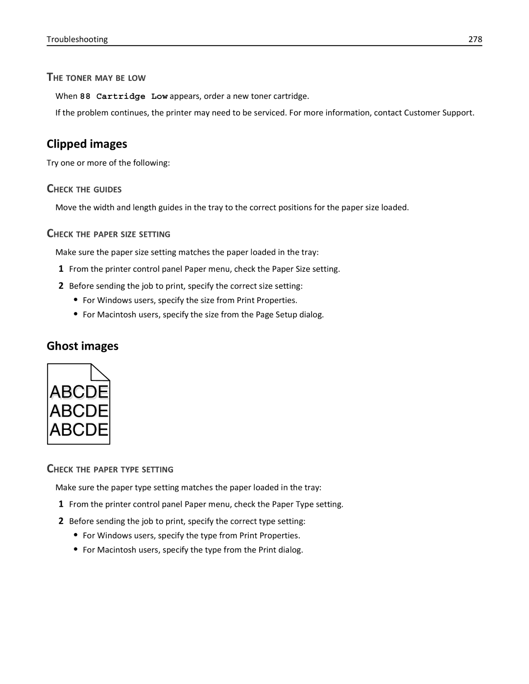 Lexmark 19Z0201, X862DTE, 19Z0100 manual Clipped images, Ghost images, Troubleshooting 278, Check the Guides 