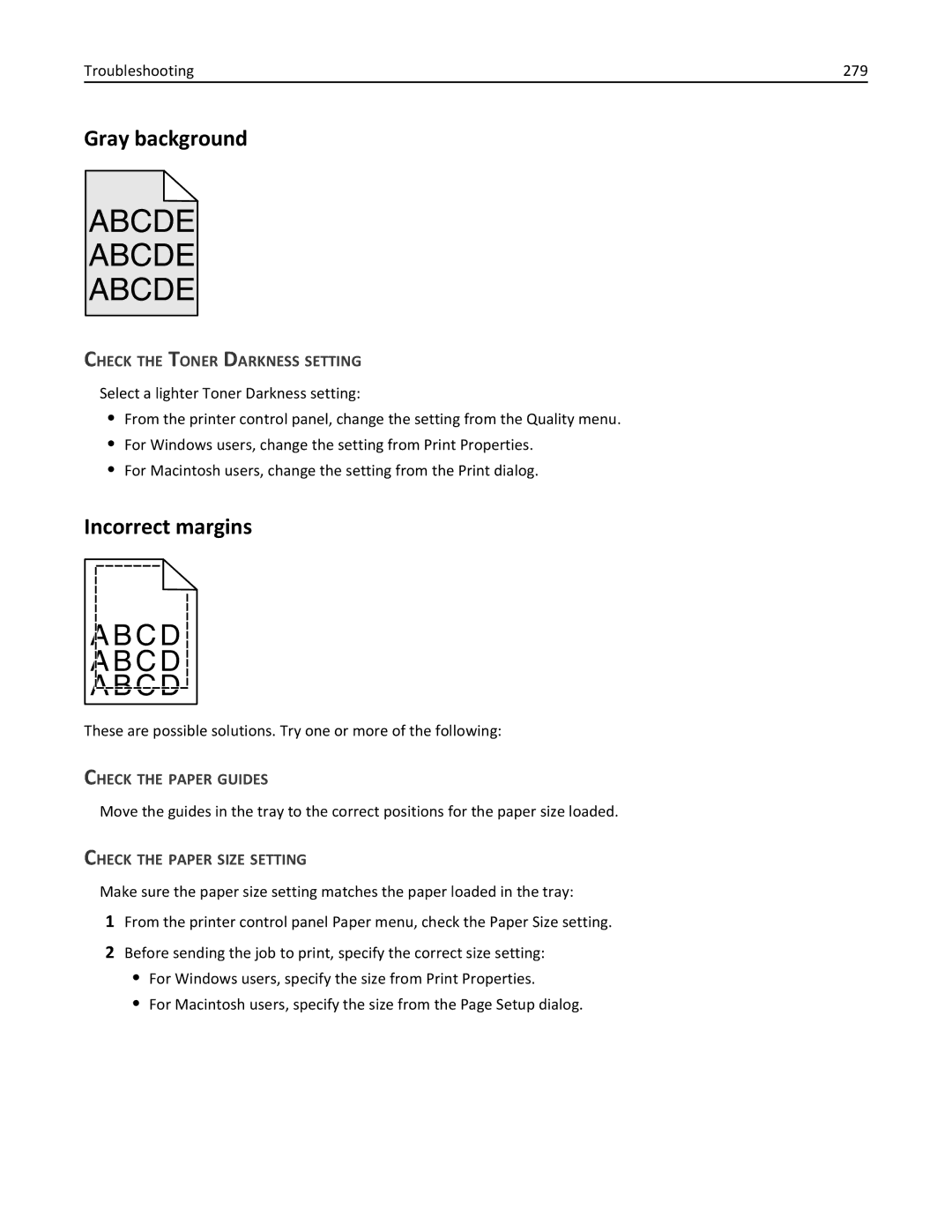 Lexmark X862DTE, 19Z0100, 19Z0201 Gray background, Incorrect margins, Troubleshooting 279, Check the Toner Darkness Setting 