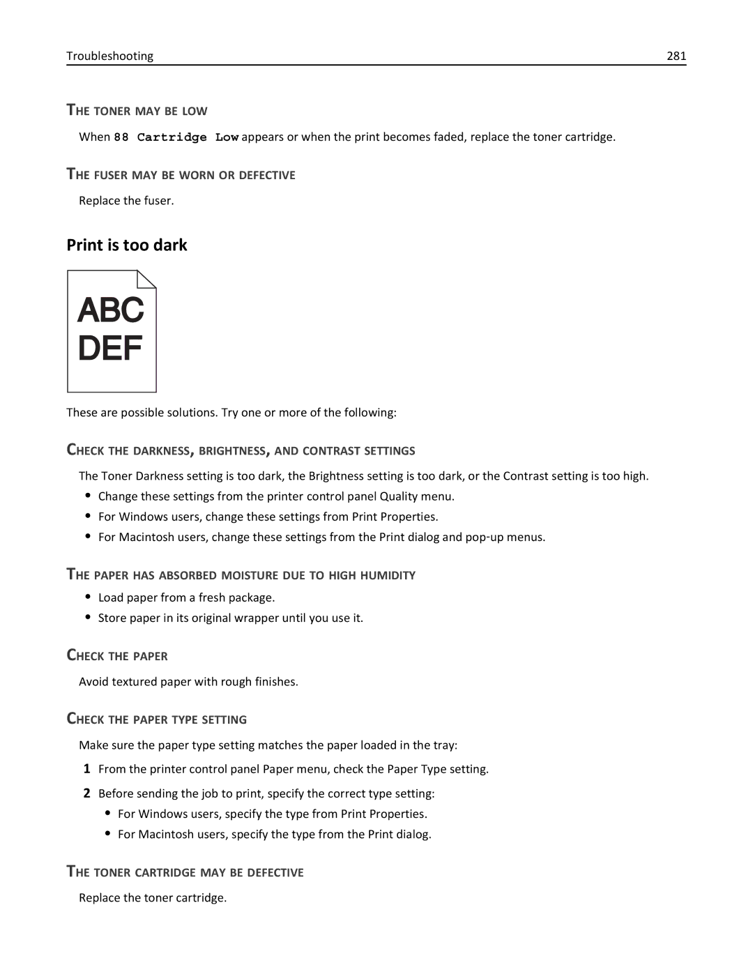 Lexmark 19Z0201 Print is too dark, Fuser MAY be Worn or Defective, Check the DARKNESS, BRIGHTNESS, and Contrast Settings 