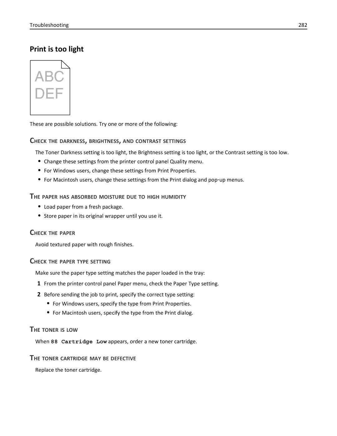 Lexmark X862DTE, 19Z0100, 19Z0201 manual Print is too light, Troubleshooting 282, Toner is LOW 